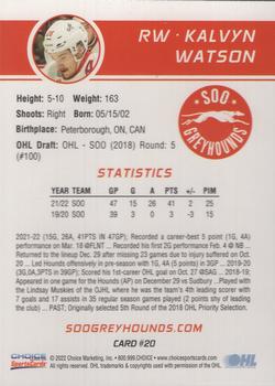 2022-23 Choice Sault Ste. Marie Greyhounds (OHL) #20 Kalvyn Watson Back
