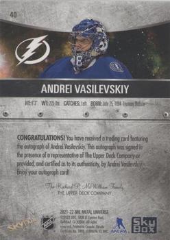 2021-22 SkyBox Metal Universe - Autographs Silver #40 Andrei Vasilevskiy Back