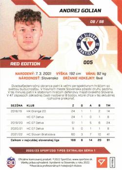 2022-23 SportZoo Tipos Extraliga - Red #005 Andrej Golian Back