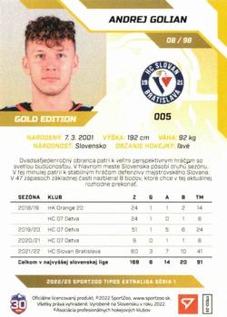 2022-23 SportZoo Tipos Extraliga - Gold #005 Andrej Golian Back