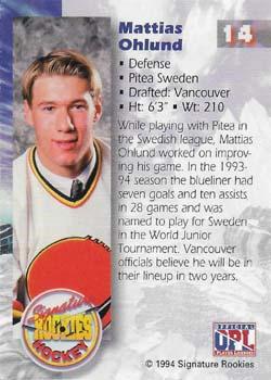 1994-95 Signature Rookies - Authentic Signatures Promos #14 Mattias Ohlund Back