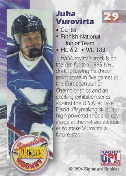1994-95 Signature Rookies - Authentic Signatures Promos #29 Juha Vuorivirta Back