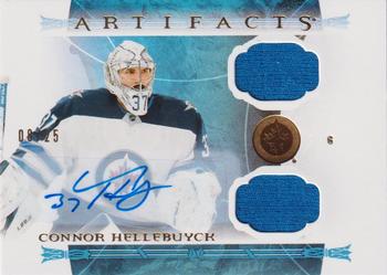 2022-23 Upper Deck Artifacts - Horizontal Auto Material Gold #141 Connor Hellebuyck Front