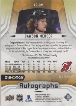 2021-22 Upper Deck Synergy - Autographs Rookies #AR-DM Dawson Mercer Back