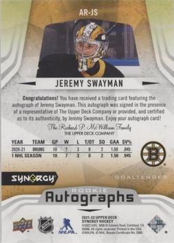 2021-22 Upper Deck Synergy - Autographs Rookies #AR-JS Jeremy Swayman Back