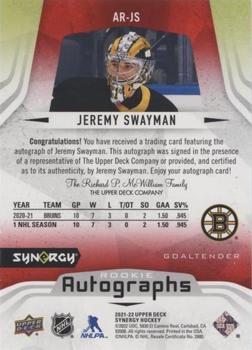 2021-22 Upper Deck Synergy - Autographs Rookies Red #AR-JS Jeremy Swayman Back
