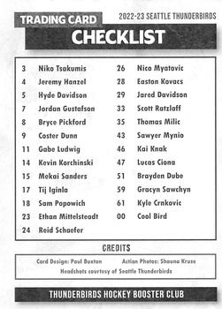 2022-23 Seattle Thunderbirds (WHL) Booster Club #NNO Checklist Back