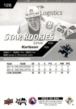2022-23 Upper Deck AHL #128 Linus Karlsson Back
