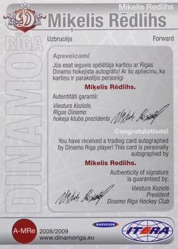 2008-09 Dinamo Riga - Autographs #A-MRe Mikelis Redlihs Back