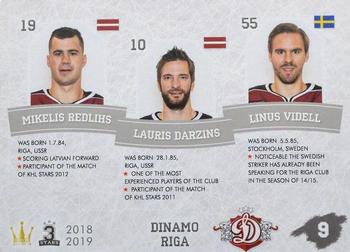 2018-19 Corona KHL 3 Stars (unlicensed) #9 Mikelis Redlihs / Lauris Darzins / Linus Videll Back