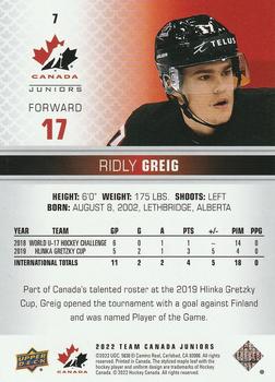 2022-23 Upper Deck Team Canada Juniors #7 Ridly Greig Back