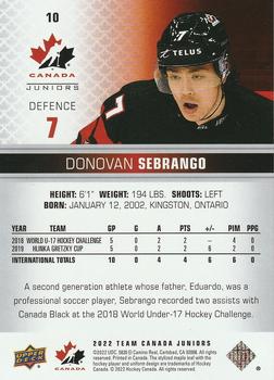 2022-23 Upper Deck Team Canada Juniors #10 Donovan Sebrango Back