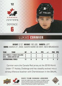 2022-23 Upper Deck Team Canada Juniors #12 Lukas Cormier Back