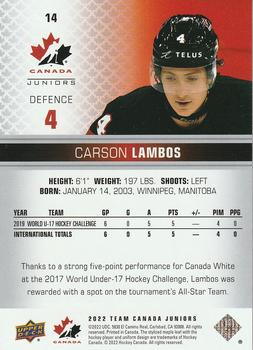 2022-23 Upper Deck Team Canada Juniors #14 Carson Lambos Back