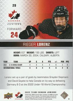 2022-23 Upper Deck Team Canada Juniors #29 Rieger Lorenz Back