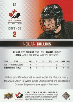 2022-23 Upper Deck Team Canada Juniors #31 Nolan Collins Back