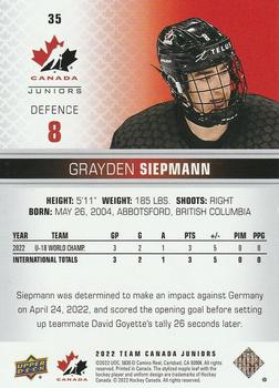 2022-23 Upper Deck Team Canada Juniors #35 Grayden Siepmann Back