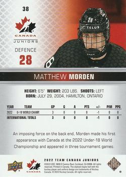 2022-23 Upper Deck Team Canada Juniors #38 Matthew Morden Back