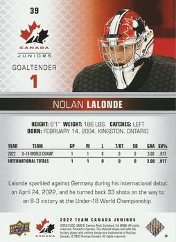 2022-23 Upper Deck Team Canada Juniors #39 Nolan Lalonde Back