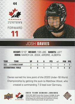 2022-23 Upper Deck Team Canada Juniors #44 Josh Davies Back