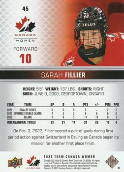 2022-23 Upper Deck Team Canada Juniors #45 Sarah Fillier Back