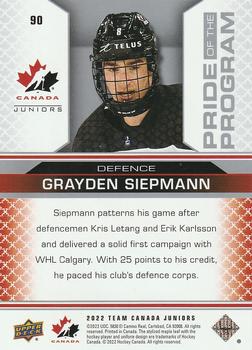 2022-23 Upper Deck Team Canada Juniors #90 Grayden Siepmann Back