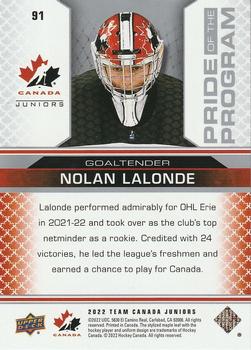 2022-23 Upper Deck Team Canada Juniors #91 Nolan Lalonde Back