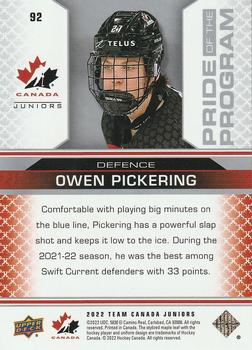 2022-23 Upper Deck Team Canada Juniors #92 Owen Pickering Back