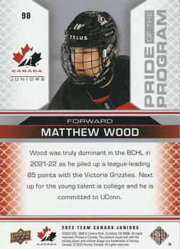 2022-23 Upper Deck Team Canada Juniors #98 Matthew Wood Back