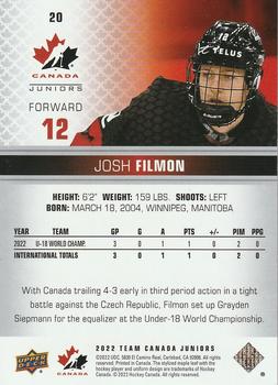 2022-23 Upper Deck Team Canada Juniors - Green Frenzy #20 Josh Filmon Back