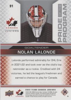 2022-23 Upper Deck Team Canada Juniors - Pillars of Light #91 Nolan Lalonde Back