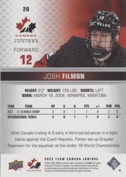 2022-23 Upper Deck Team Canada Juniors - Red Champagne #20 Josh Filmon Back