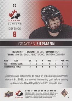 2022-23 Upper Deck Team Canada Juniors - Red Champagne #35 Grayden Siepmann Back