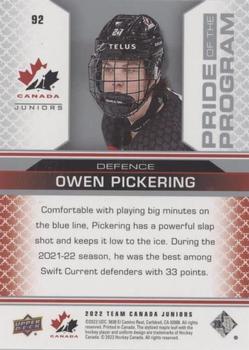 2022-23 Upper Deck Team Canada Juniors - Red Champagne #92 Owen Pickering Back