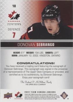 2022-23 Upper Deck Team Canada Juniors - Signatures #10 Donovan Sebrango Back