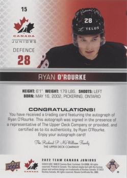 2022-23 Upper Deck Team Canada Juniors - Signatures #15 Ryan O'Rourke Back
