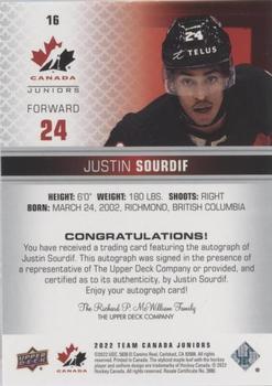2022-23 Upper Deck Team Canada Juniors - Signatures #16 Justin Sourdif Back