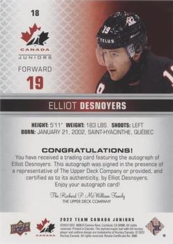 2022-23 Upper Deck Team Canada Juniors - Signatures #18 Elliot Desnoyers Back