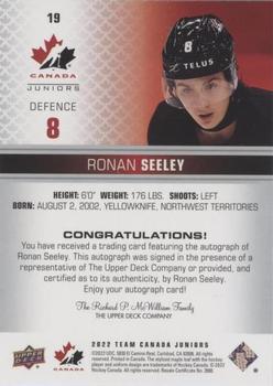 2022-23 Upper Deck Team Canada Juniors - Signatures #19 Ronan Seeley Back