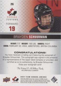 2022-23 Upper Deck Team Canada Juniors - Signatures #26 Brayden Schuurman Back