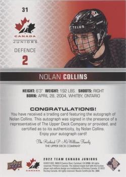 2022-23 Upper Deck Team Canada Juniors - Signatures #31 Nolan Collins Back