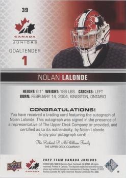 2022-23 Upper Deck Team Canada Juniors - Signatures #39 Nolan Lalonde Back