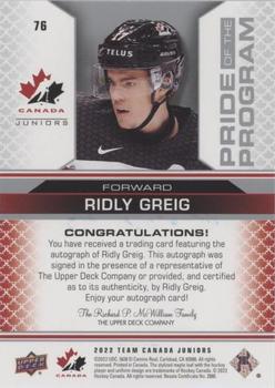 2022-23 Upper Deck Team Canada Juniors - Signatures #76 Ridly Greig Back