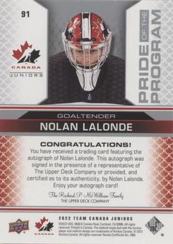 2022-23 Upper Deck Team Canada Juniors - Signatures #91 Nolan Lalonde Back
