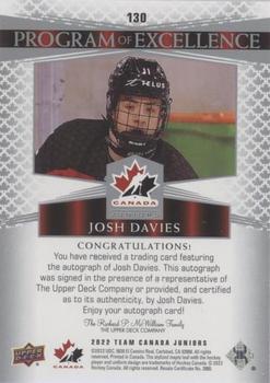 2022-23 Upper Deck Team Canada Juniors - Signatures #130 Josh Davies Back