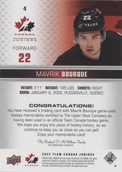 2022-23 Upper Deck Team Canada Juniors - Jersey #4 Mavrik Bourque Back