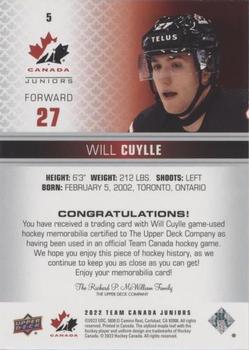 2022-23 Upper Deck Team Canada Juniors - Jersey #5 Will Cuylle Back