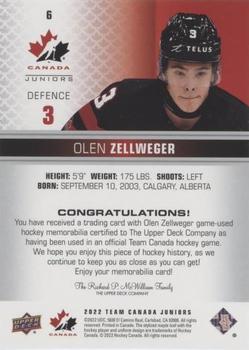 2022-23 Upper Deck Team Canada Juniors - Jersey #6 Olen Zellweger Back