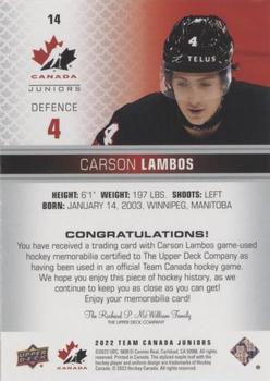 2022-23 Upper Deck Team Canada Juniors - Jersey #14 Carson Lambos Back