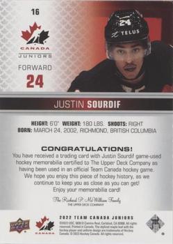 2022-23 Upper Deck Team Canada Juniors - Jersey #16 Justin Sourdif Back